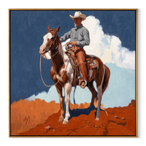 Clouds Gather Behind Saddle - paint horse cowboy painting by Isabelle Laurent, modern Western square wall art – wood frame on white background
