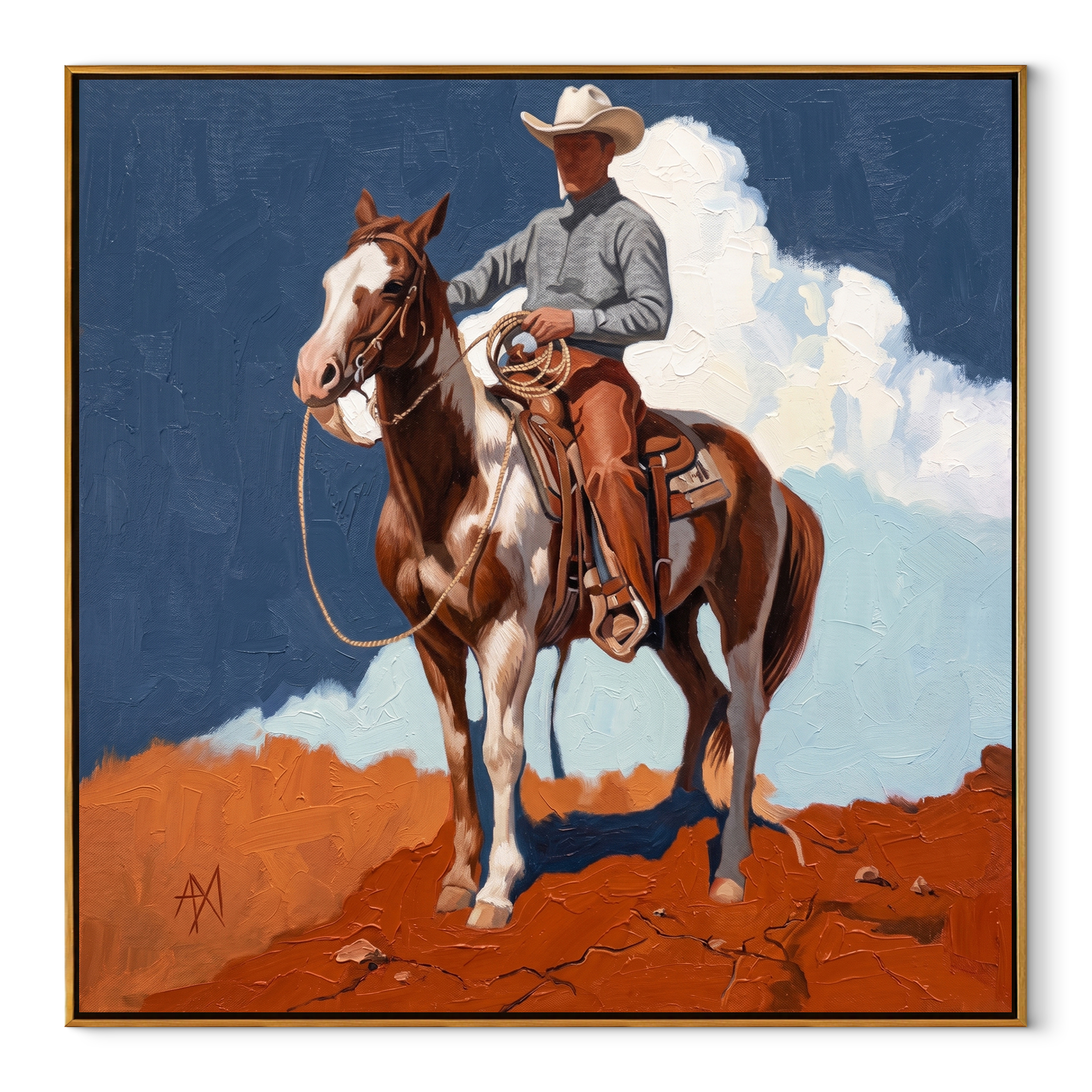 Clouds Gather Behind Saddle - paint horse cowboy painting by Isabelle Laurent, modern Western square wall art – wood frame on white background