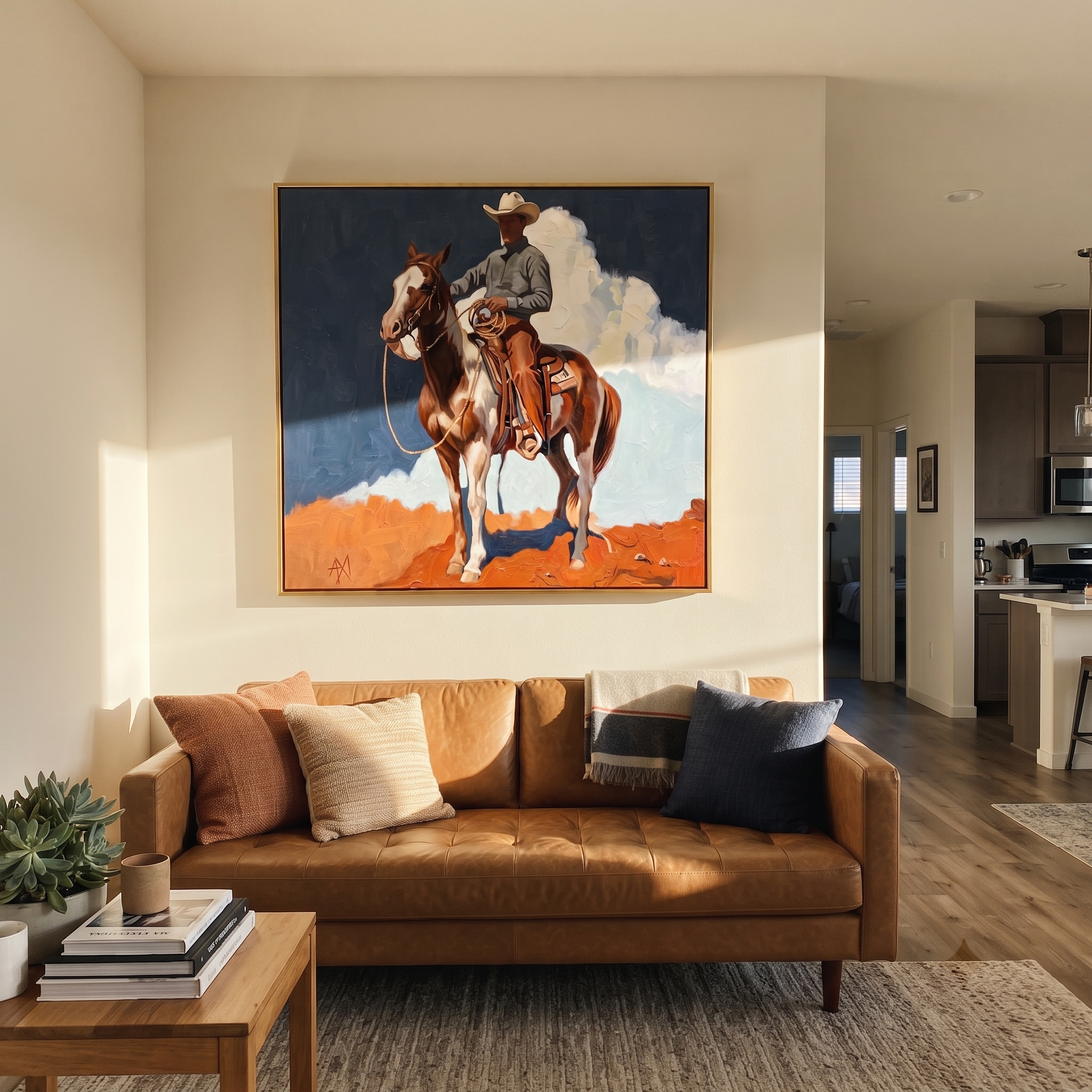 Clouds Gather Behind Saddle - paint horse cowboy painting by Isabelle Laurent, modern Western square wall art – styled room scene view 2