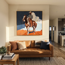 Clouds Gather Behind Saddle - paint horse cowboy painting by Isabelle Laurent, modern Western square wall art – styled room scene view 2