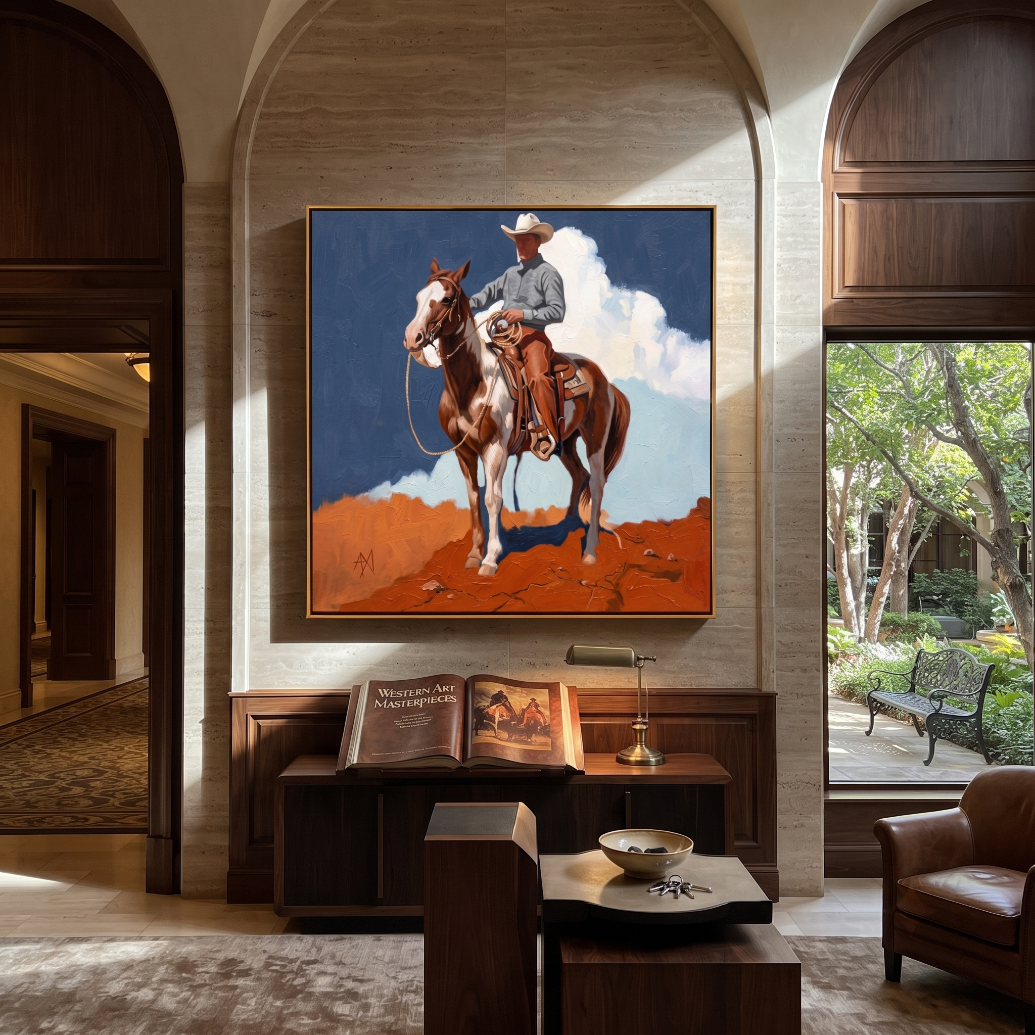 Clouds Gather Behind Saddle - paint horse cowboy painting by Isabelle Laurent, modern Western square wall art – styled room scene view 3