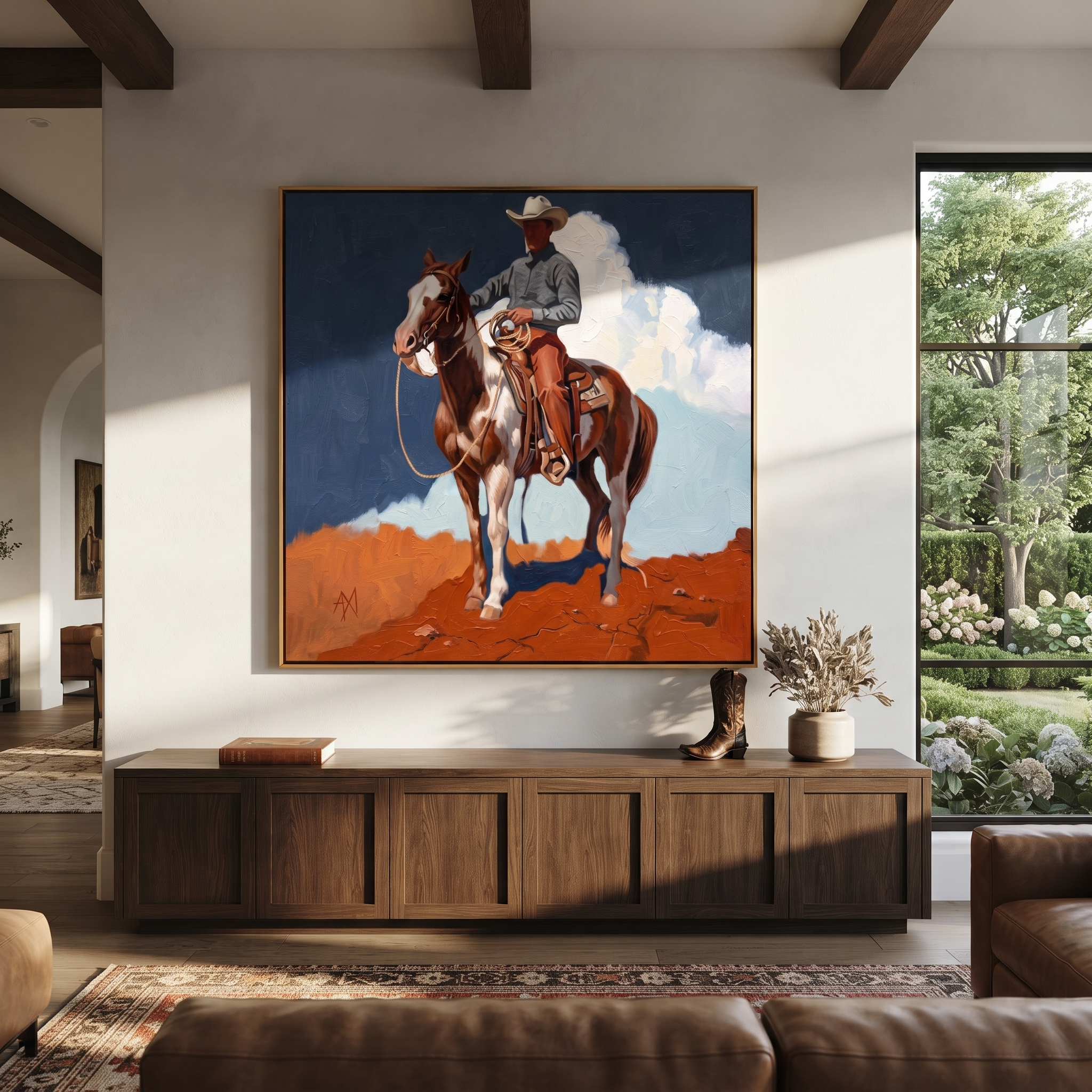 Clouds Gather Behind Saddle - paint horse cowboy painting by Isabelle Laurent, modern Western square wall art – styled room scene view 4