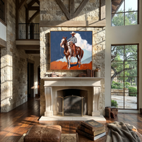 Clouds Gather Behind Saddle - paint horse cowboy painting by Isabelle Laurent, modern Western square wall art – styled room scene view 5
