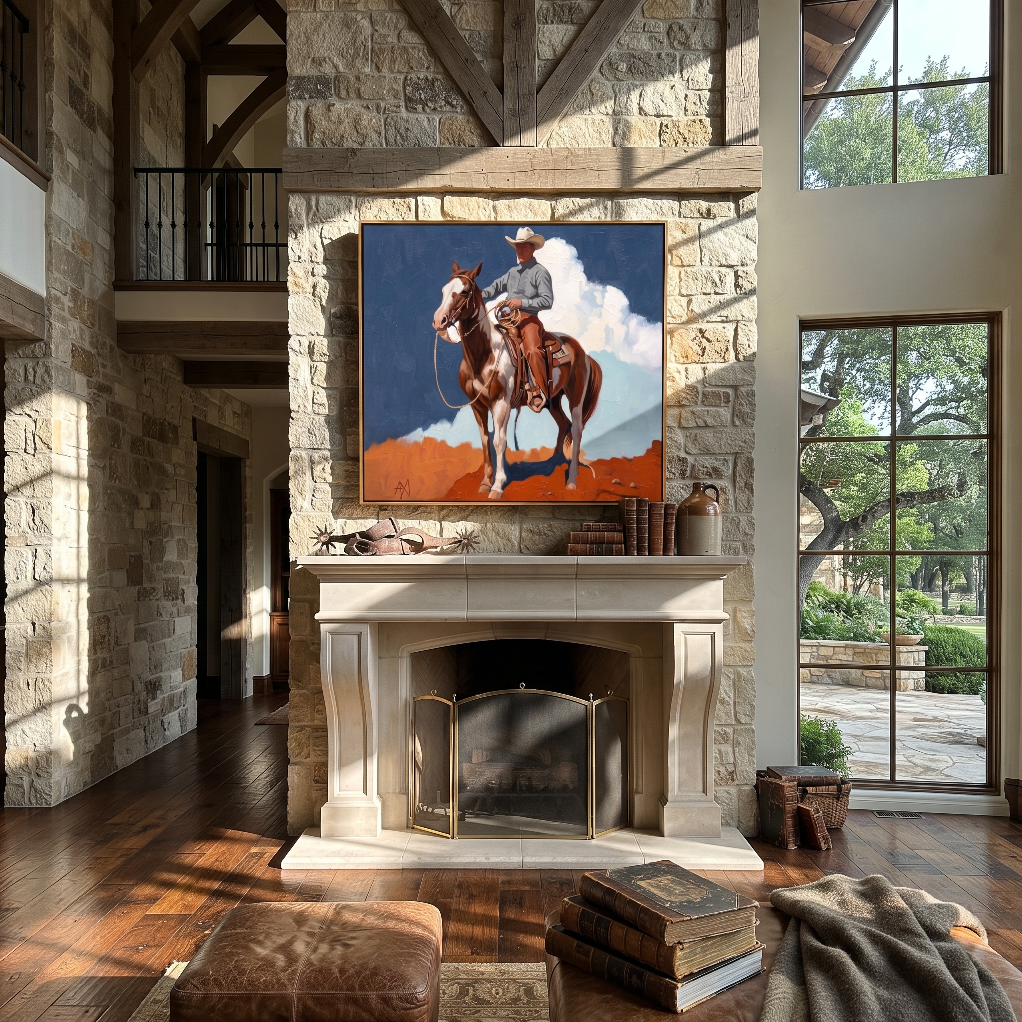 Clouds Gather Behind Saddle - paint horse cowboy painting by Isabelle Laurent, modern Western square wall art – styled room scene view 5