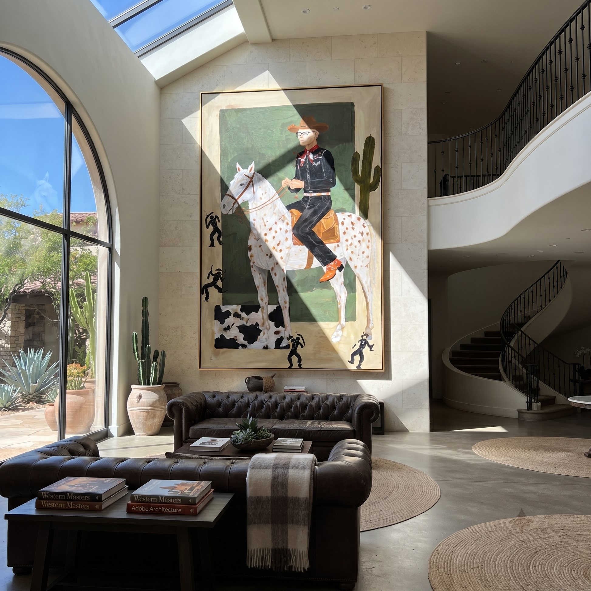 Spotted Trails Pass Cactus - spotted horse rider painting by Isabelle Laurent, modern Western vertical wall art – styled room scene view 1