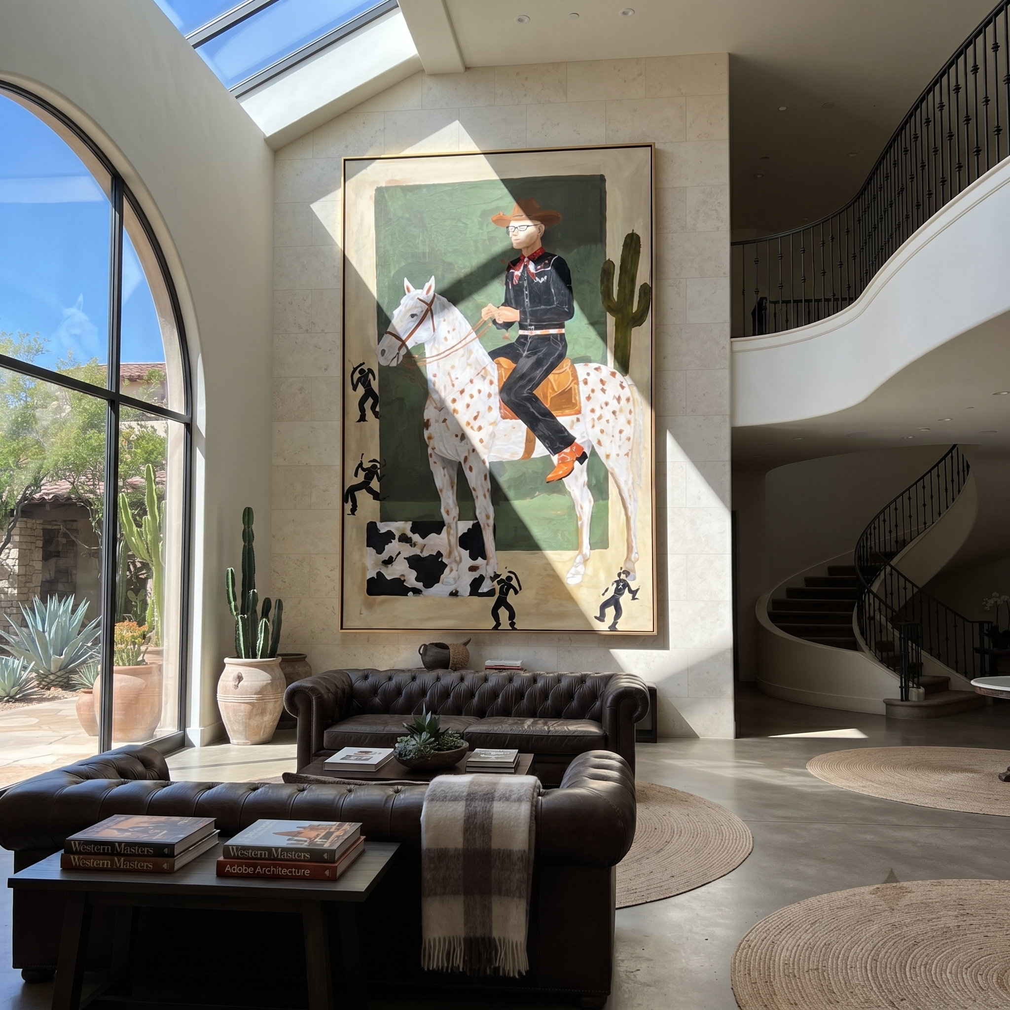 Spotted Trails Pass Cactus - spotted horse rider painting by Isabelle Laurent, modern Western vertical wall art – styled room scene view 1