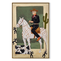 Spotted Trails Pass Cactus - spotted horse rider painting by Isabelle Laurent, modern Western vertical wall art – wood frame on white background