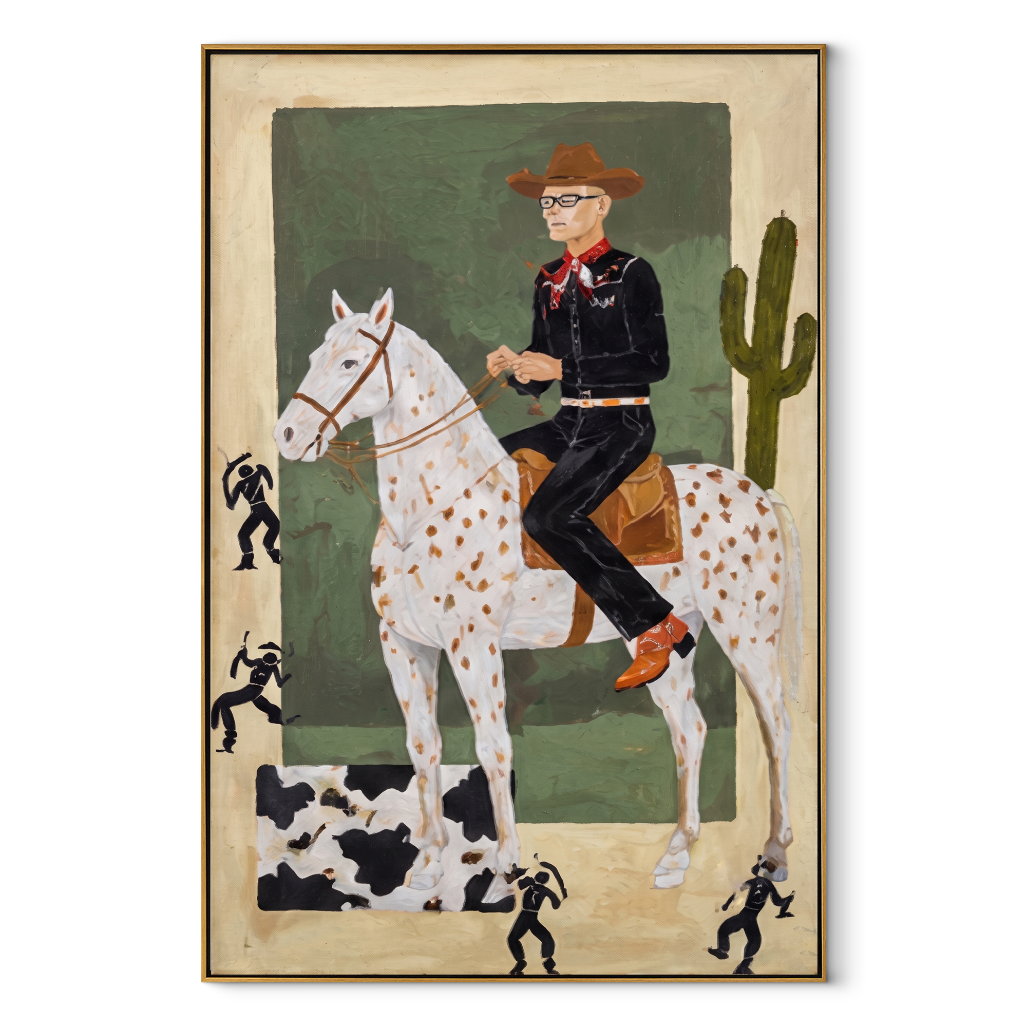 Spotted Trails Pass Cactus - spotted horse rider painting by Isabelle Laurent, modern Western vertical wall art – wood frame on white background