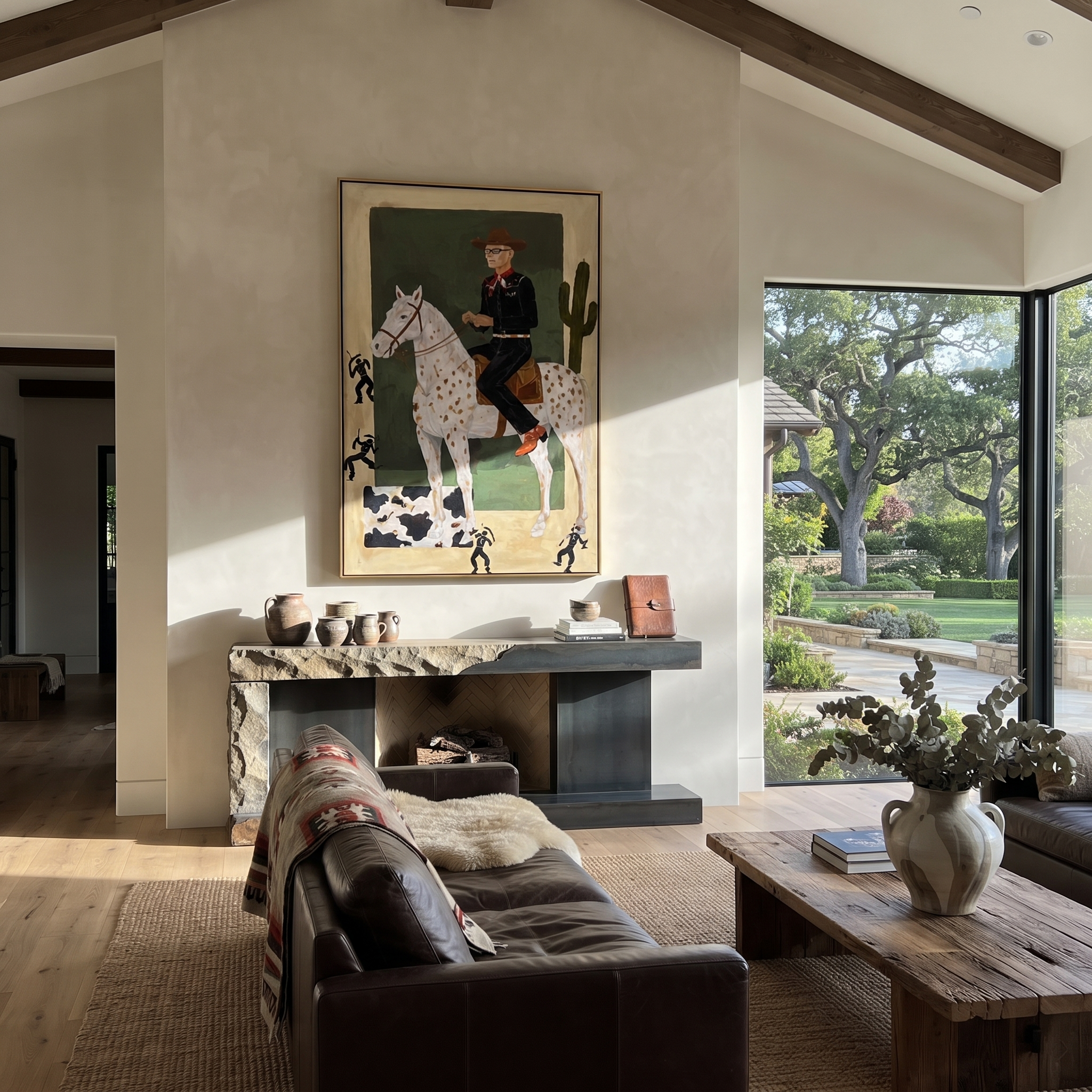 Spotted Trails Pass Cactus - spotted horse rider painting by Isabelle Laurent, modern Western vertical wall art – styled room scene view 2
