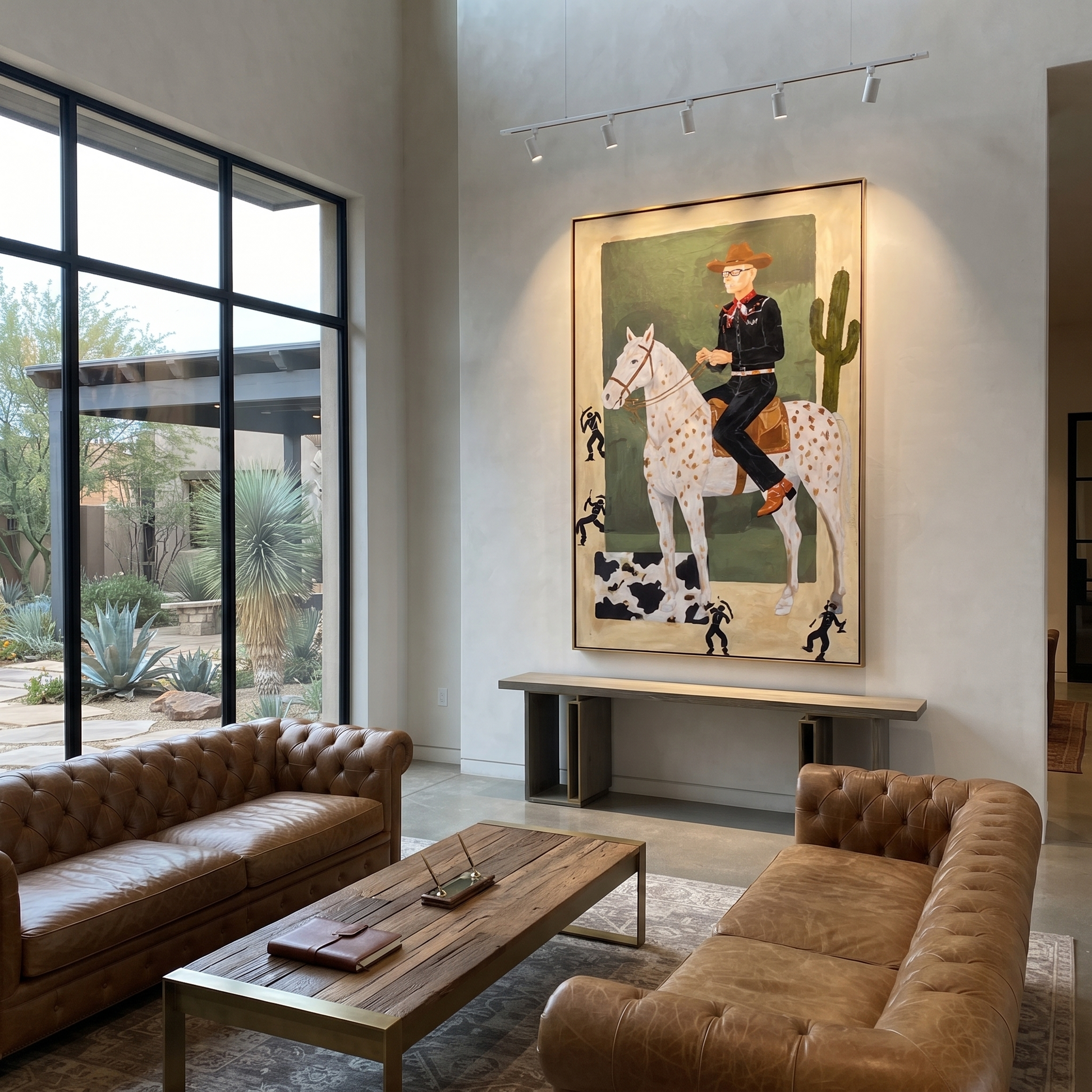 Spotted Trails Pass Cactus - spotted horse rider painting by Isabelle Laurent, modern Western vertical wall art – styled room scene view 4