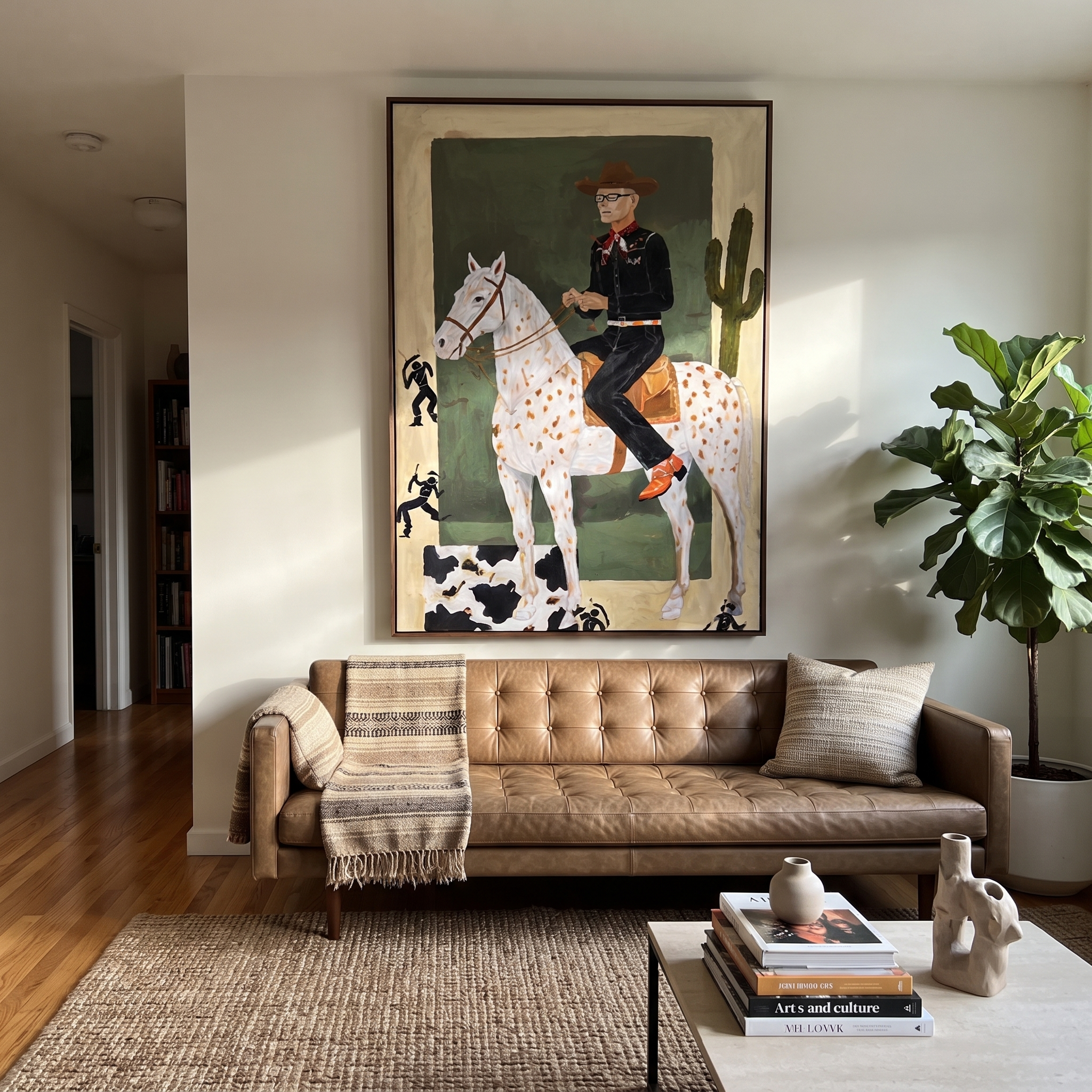 Spotted Trails Pass Cactus - spotted horse rider painting by Isabelle Laurent, modern Western vertical wall art – styled room scene view 5