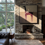 Ivory Acrobat Hangs Quietly - horse acrobat folk painting by Isabelle Laurent, modern Western square wall art – styled room scene view 1