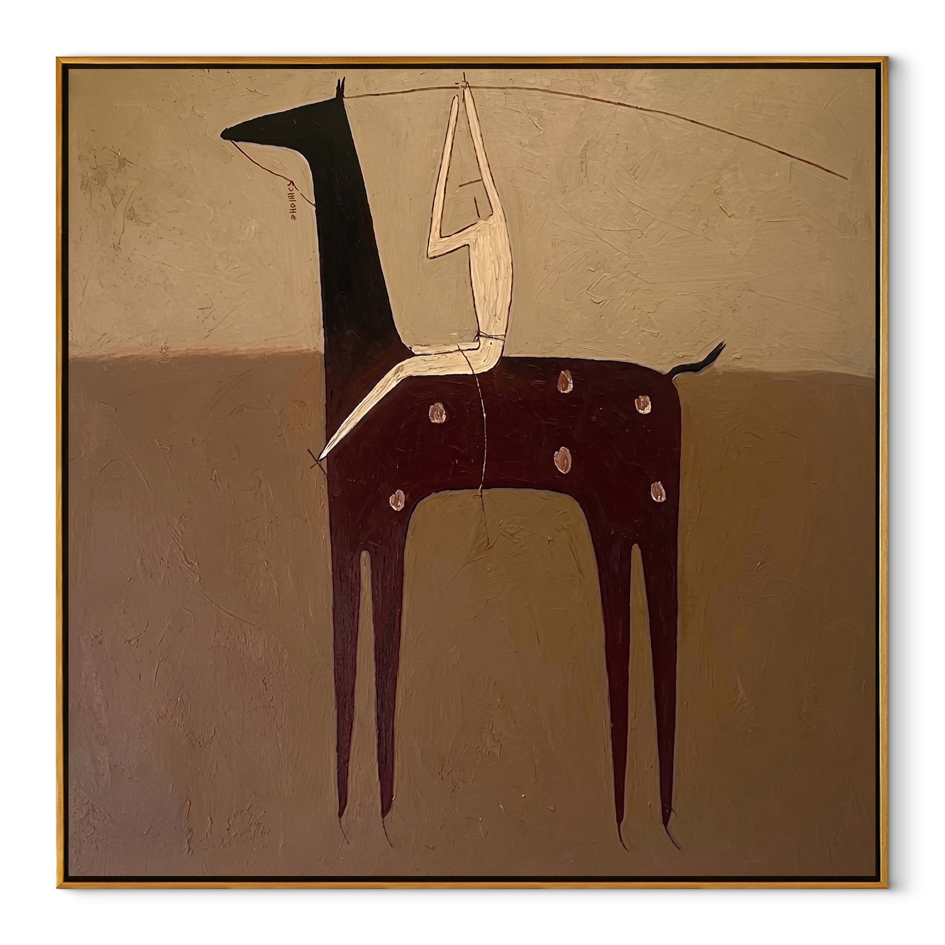 Ivory Acrobat Hangs Quietly - horse acrobat folk painting by Isabelle Laurent, modern Western square wall art – wood frame on white background