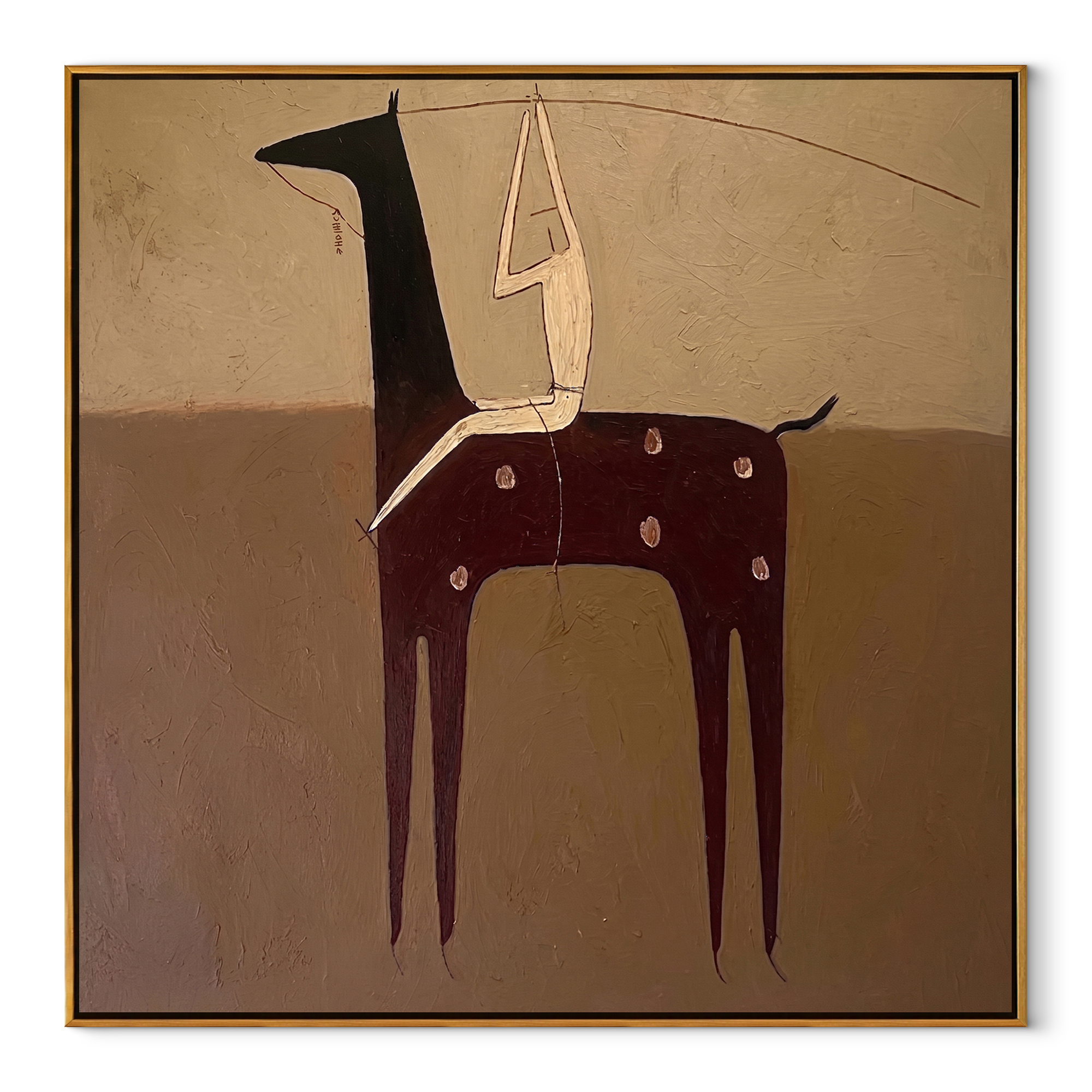 Ivory Acrobat Hangs Quietly - horse acrobat folk painting by Isabelle Laurent, modern Western square wall art – wood frame on white background