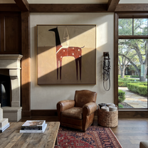 Ivory Acrobat Hangs Quietly - horse acrobat folk painting by Isabelle Laurent, modern Western square wall art – styled room scene view 2