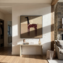 Ivory Acrobat Hangs Quietly - horse acrobat folk painting by Isabelle Laurent, modern Western square wall art – styled room scene view 3