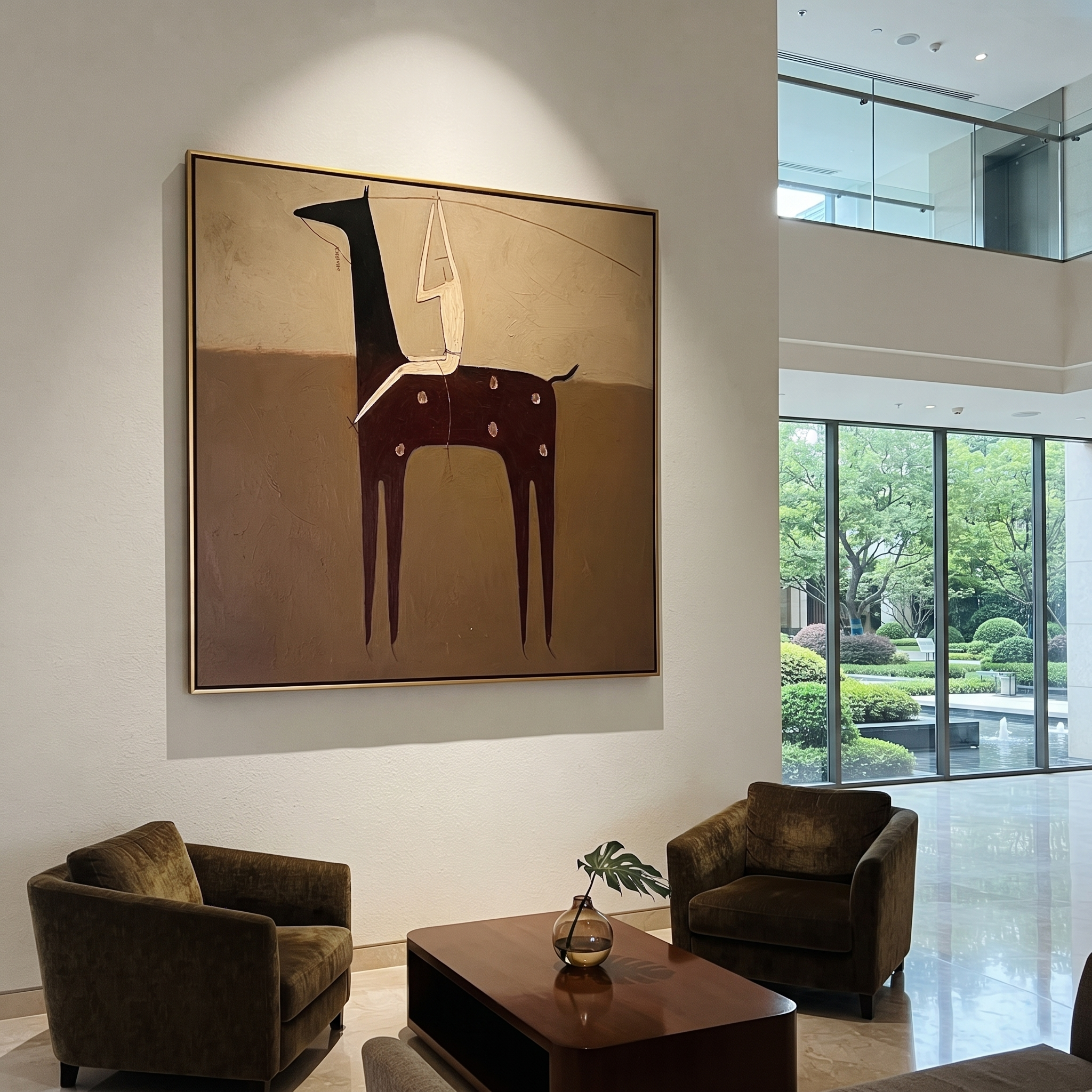 Ivory Acrobat Hangs Quietly - horse acrobat folk painting by Isabelle Laurent, modern Western square wall art – styled room scene view 4