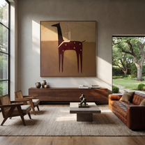 Ivory Acrobat Hangs Quietly - horse acrobat folk painting by Isabelle Laurent, modern Western square wall art – styled room scene view 5