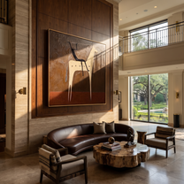 Black Rider Crosses Umber - white horse rider painting by Isabelle Laurent, modern Western square wall art – styled room scene view 1