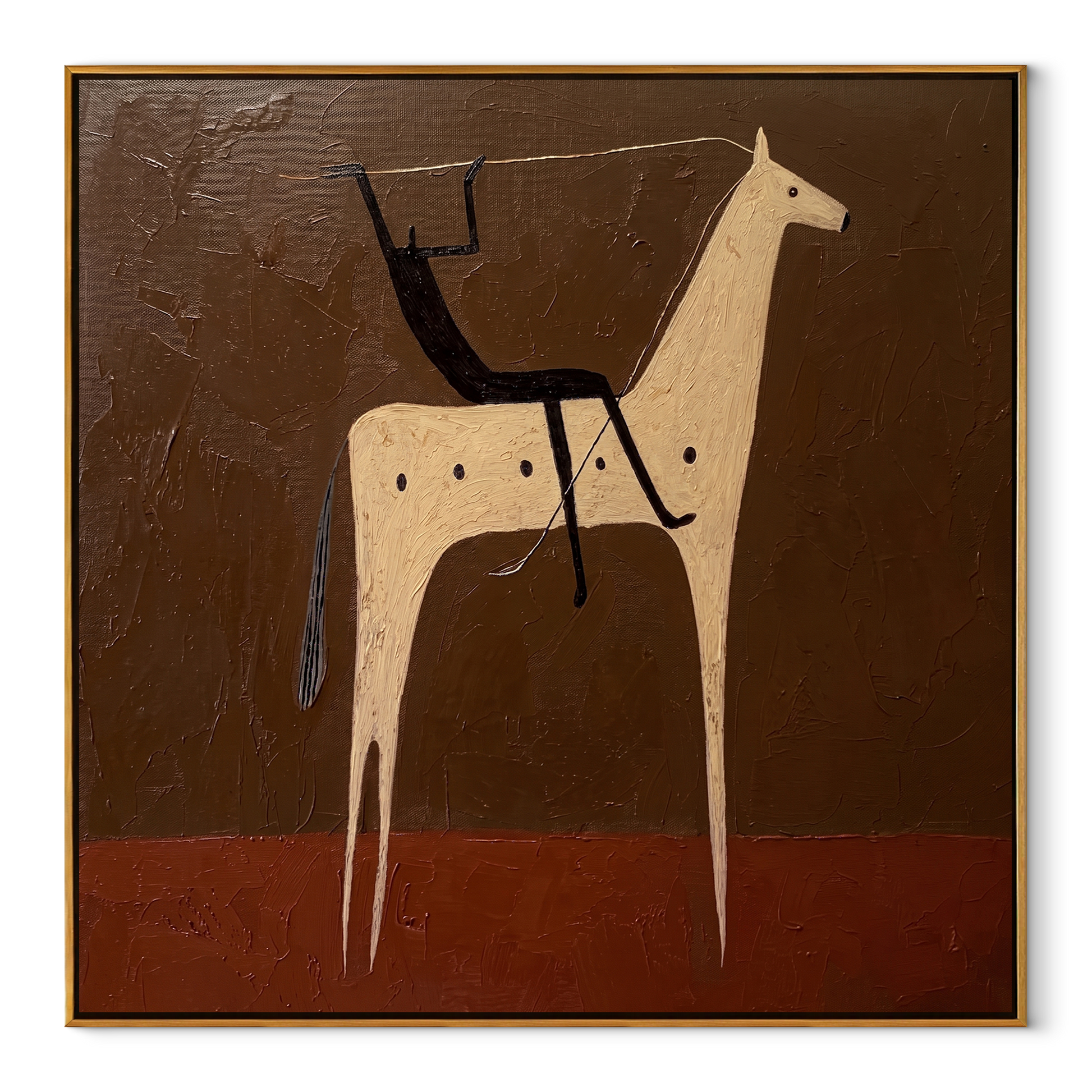 Black Rider Crosses Umber - white horse rider painting by Isabelle Laurent, modern Western square wall art – wood frame on white background