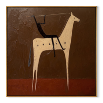 Black Rider Crosses Umber - white horse rider painting by Isabelle Laurent, modern Western square wall art – wood frame on white background