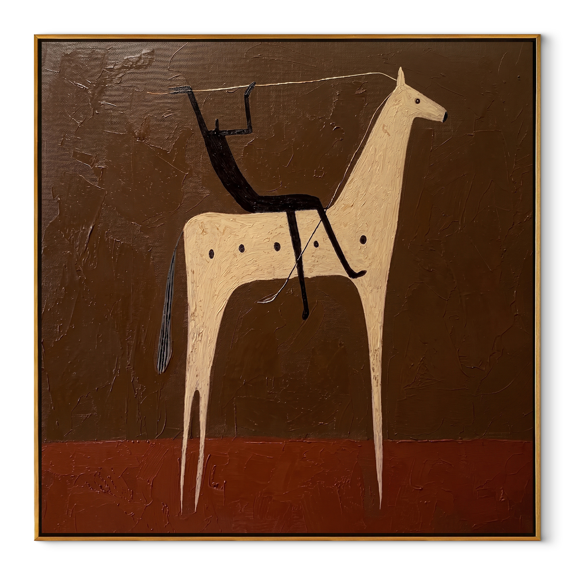 Black Rider Crosses Umber - white horse rider painting by Isabelle Laurent, modern Western square wall art – wood frame on white background