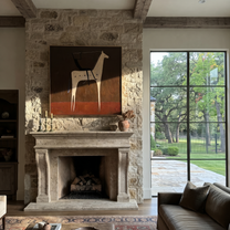 Black Rider Crosses Umber - white horse rider painting by Isabelle Laurent, modern Western square wall art – styled room scene view 2