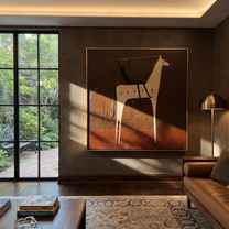 Black Rider Crosses Umber - white horse rider painting by Isabelle Laurent, modern Western square wall art – styled room scene view 3