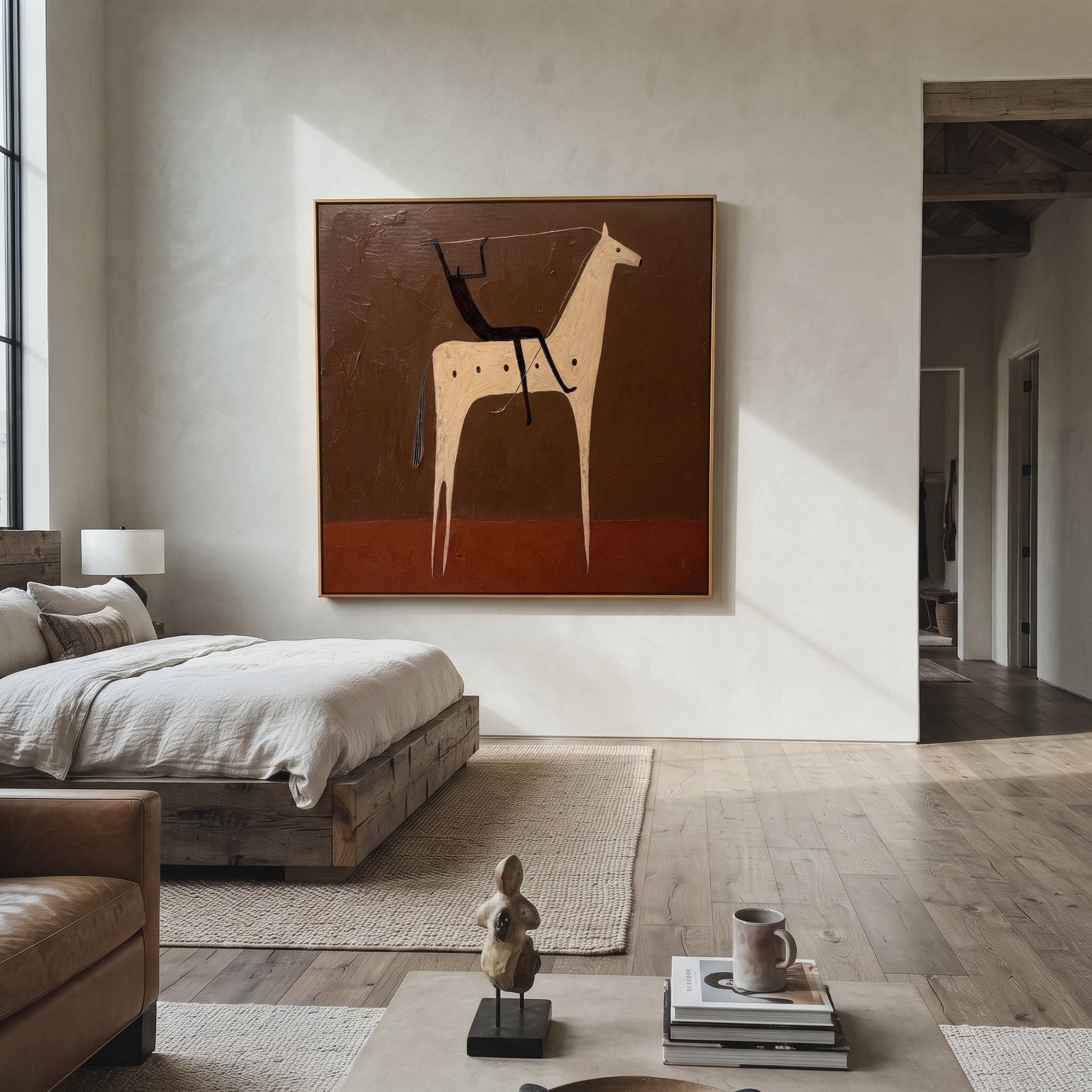 Black Rider Crosses Umber - white horse rider painting by Isabelle Laurent, modern Western square wall art – styled room scene view 4