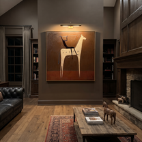 Black Rider Crosses Umber - white horse rider painting by Isabelle Laurent, modern Western square wall art – styled room scene view 5