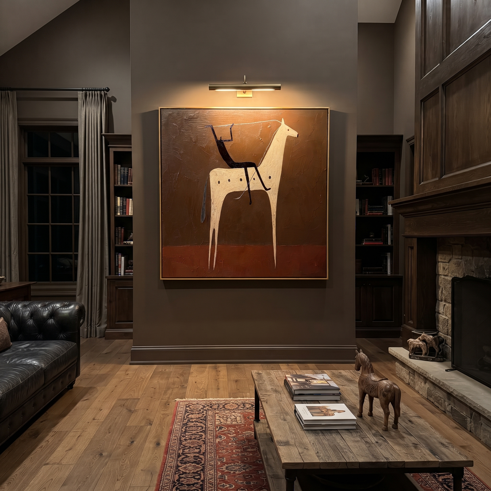 Black Rider Crosses Umber - white horse rider painting by Isabelle Laurent, modern Western square wall art – styled room scene view 5