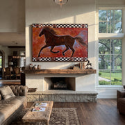 Dark Gallop Breaks Crimson - running horse folk painting by Isabelle Laurent, modern Western horizontal wall art – styled room scene view 1