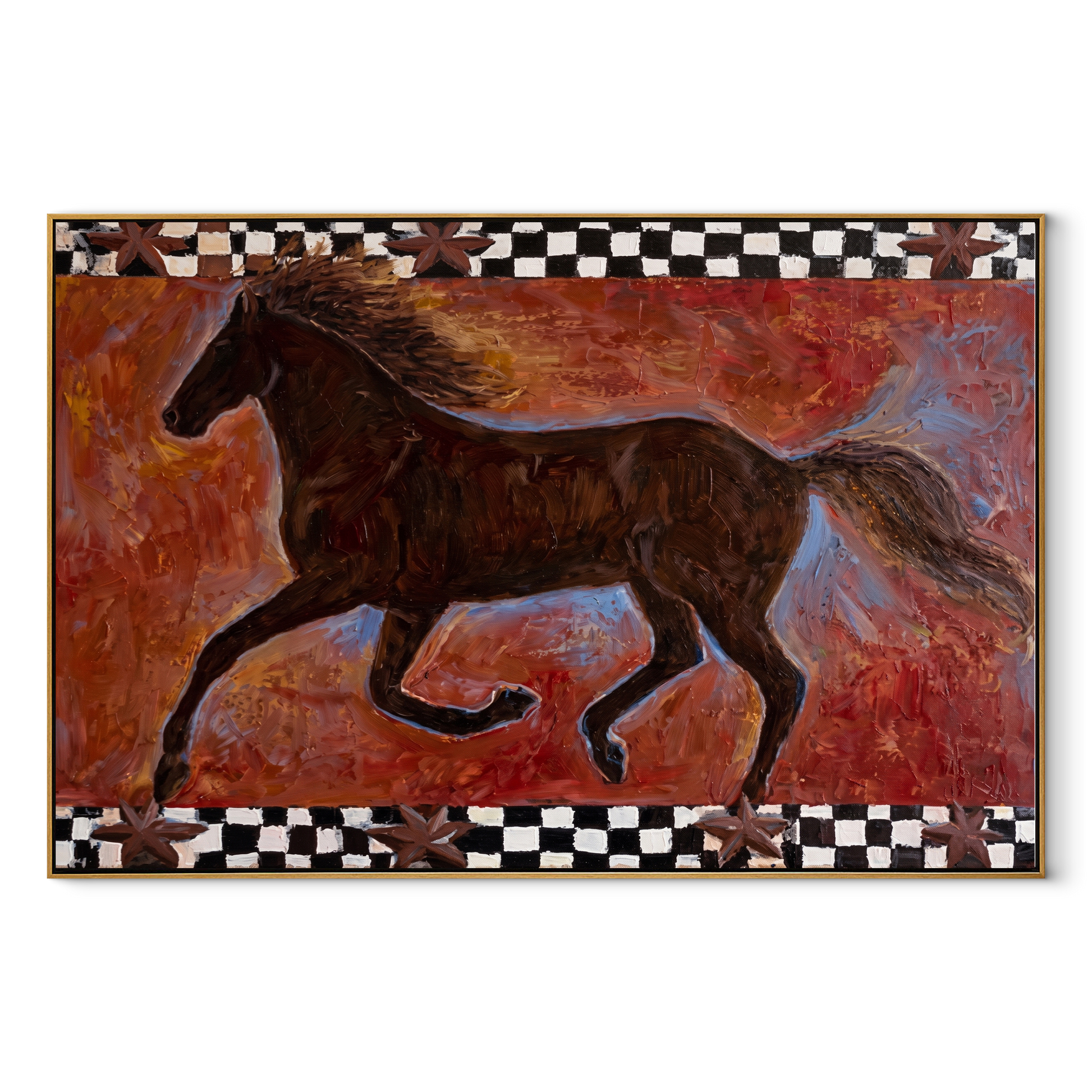 Dark Gallop Breaks Crimson - running horse folk painting by Isabelle Laurent, modern Western horizontal wall art – wood frame on white background