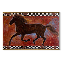Dark Gallop Breaks Crimson - running horse folk painting by Isabelle Laurent, modern Western horizontal wall art – wood frame on white background
