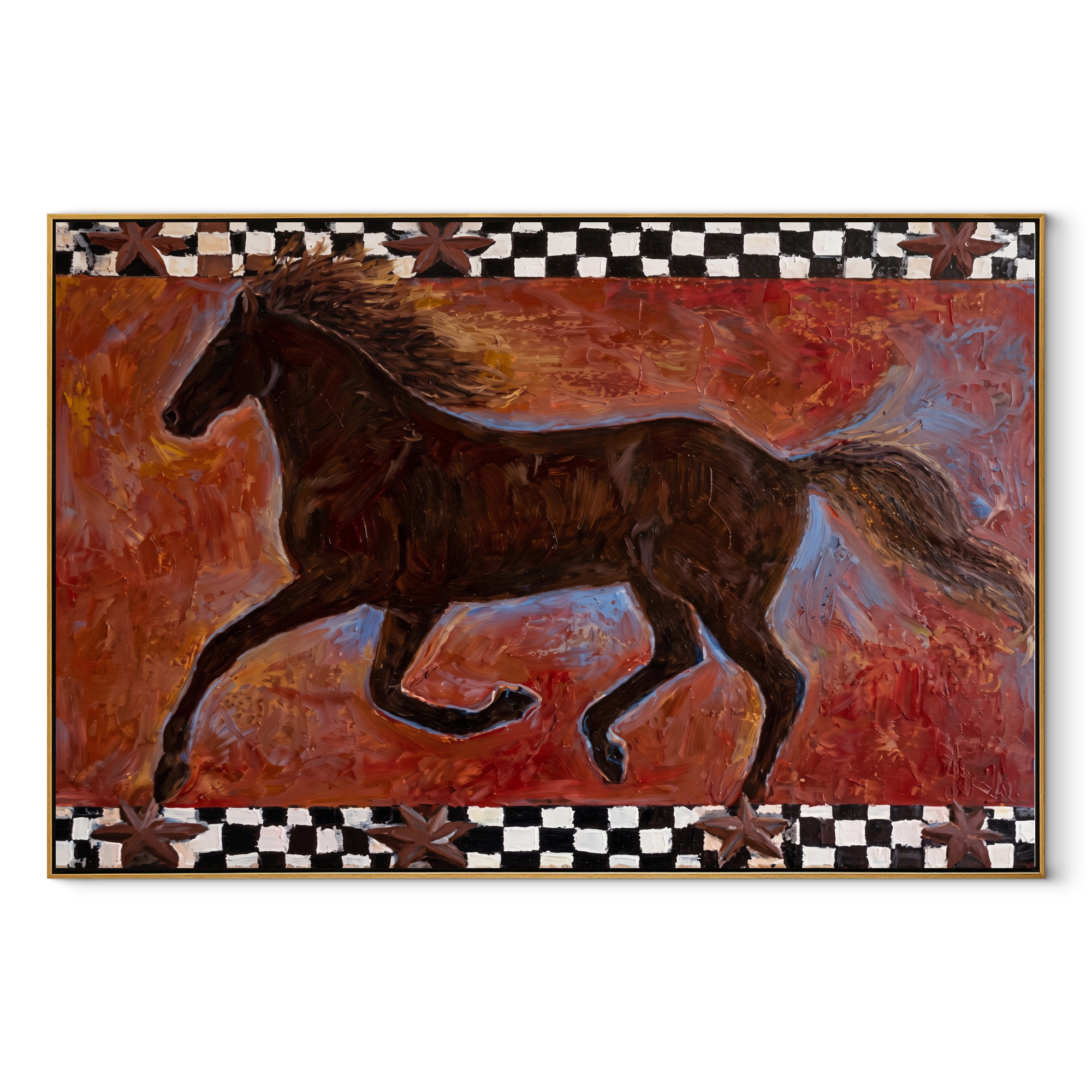 Dark Gallop Breaks Crimson - running horse folk painting by Isabelle Laurent, modern Western horizontal wall art – wood frame on white background