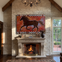 Dark Gallop Breaks Crimson - running horse folk painting by Isabelle Laurent, modern Western horizontal wall art – styled room scene view 2