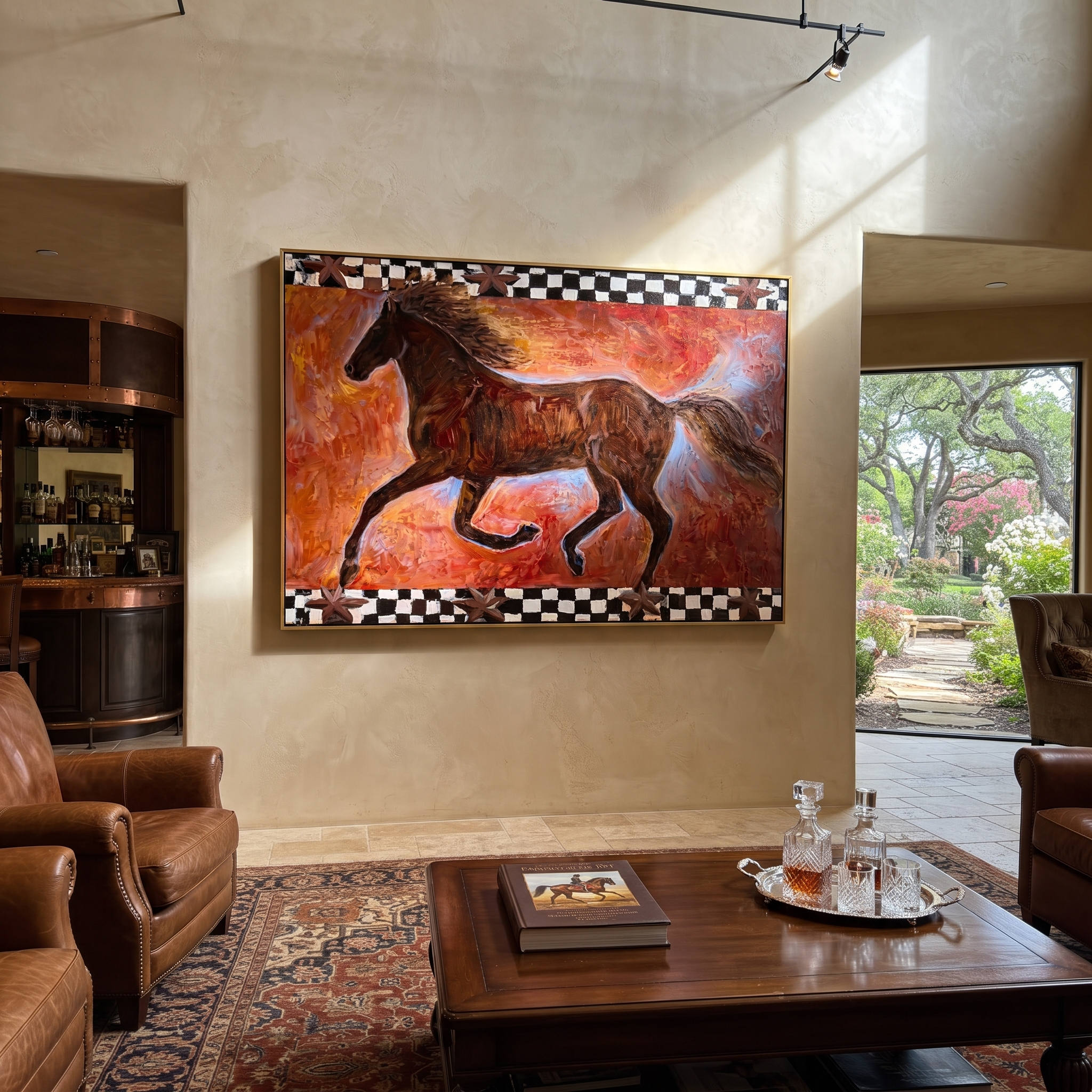 Dark Gallop Breaks Crimson - running horse folk painting by Isabelle Laurent, modern Western horizontal wall art – styled room scene view 3