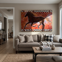 Dark Gallop Breaks Crimson - running horse folk painting by Isabelle Laurent, modern Western horizontal wall art – styled room scene view 4