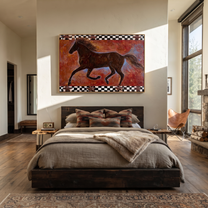 Dark Gallop Breaks Crimson - running horse folk painting by Isabelle Laurent, modern Western horizontal wall art – styled room scene view 5
