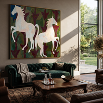 White Horses Rise Wild - two white horse painting by Isabelle Laurent, modern Western square wall art – styled room scene view 1