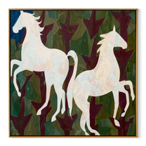 White Horses Rise Wild - two white horse painting by Isabelle Laurent, modern Western square wall art – wood frame on white background