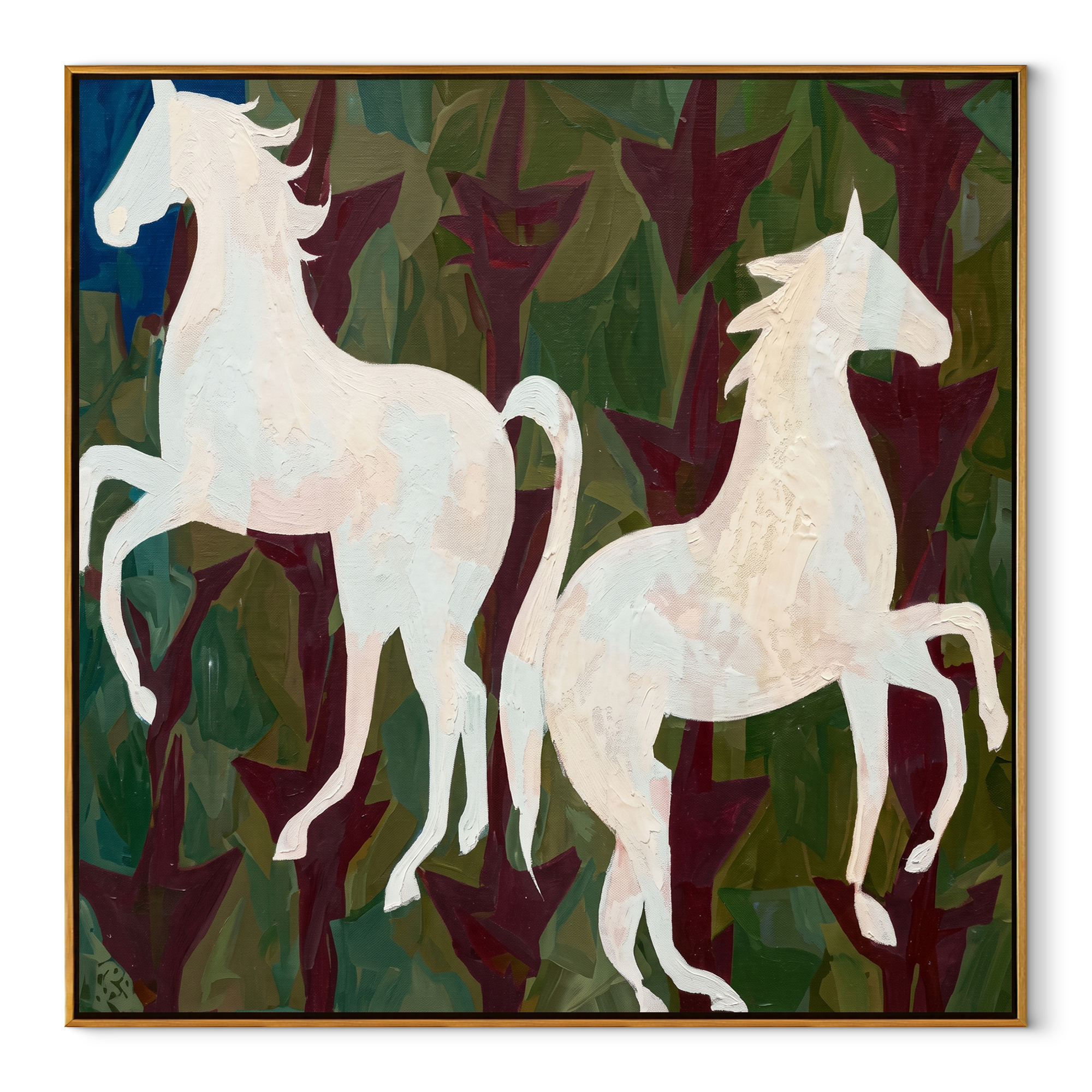 White Horses Rise Wild - two white horse painting by Isabelle Laurent, modern Western square wall art – wood frame on white background