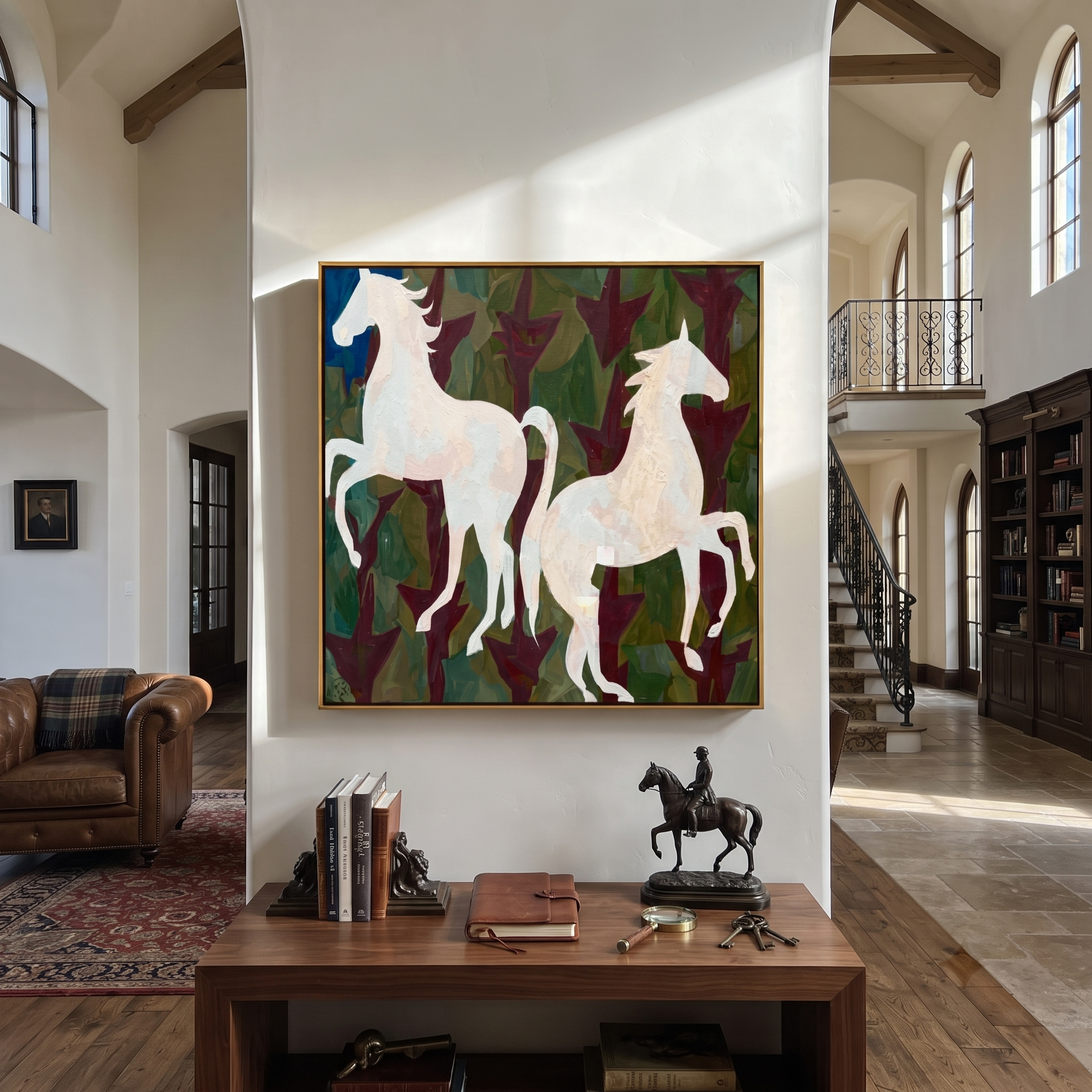 White Horses Rise Wild - two white horse painting by Isabelle Laurent, modern Western square wall art – styled room scene view 2