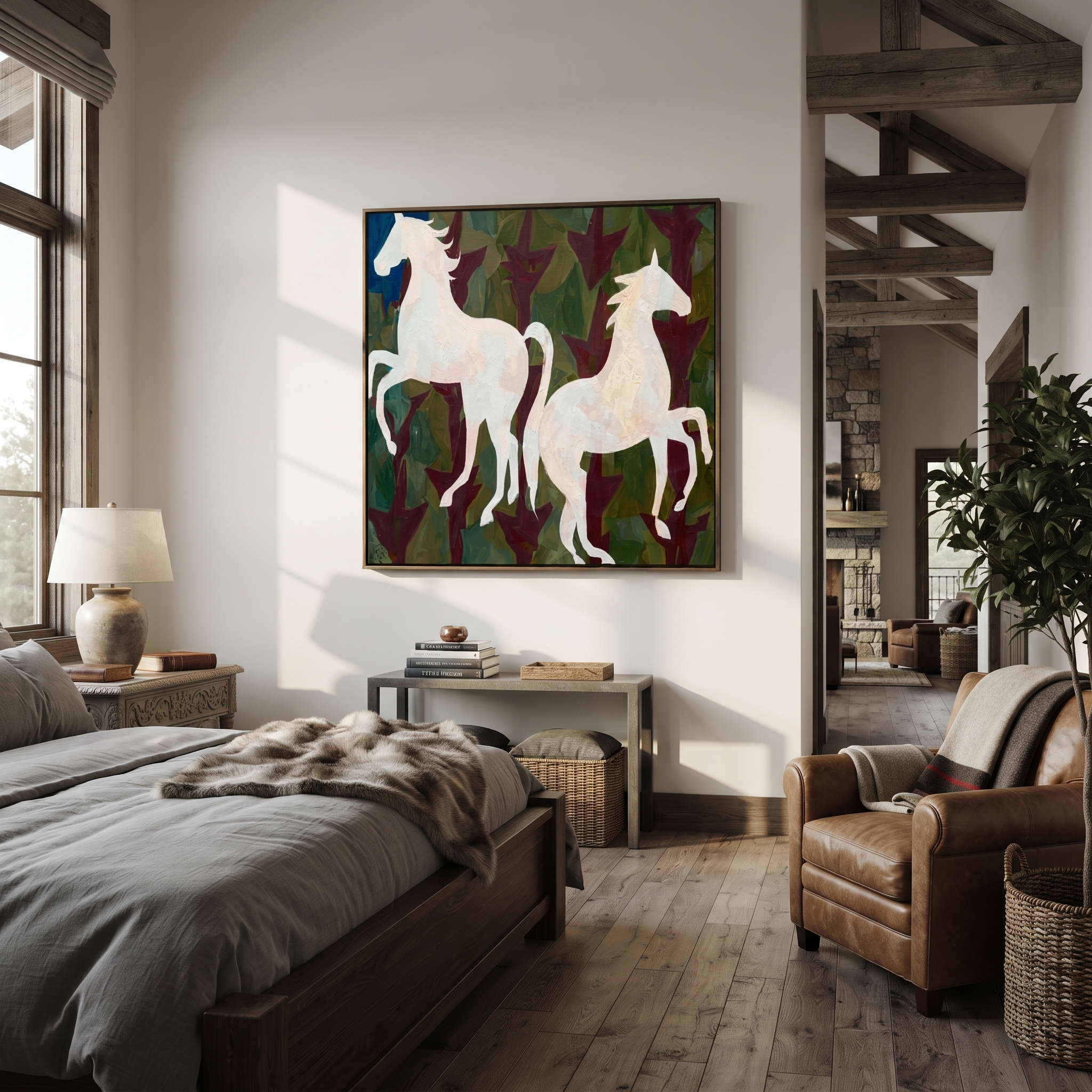 White Horses Rise Wild - two white horse painting by Isabelle Laurent, modern Western square wall art – styled room scene view 3