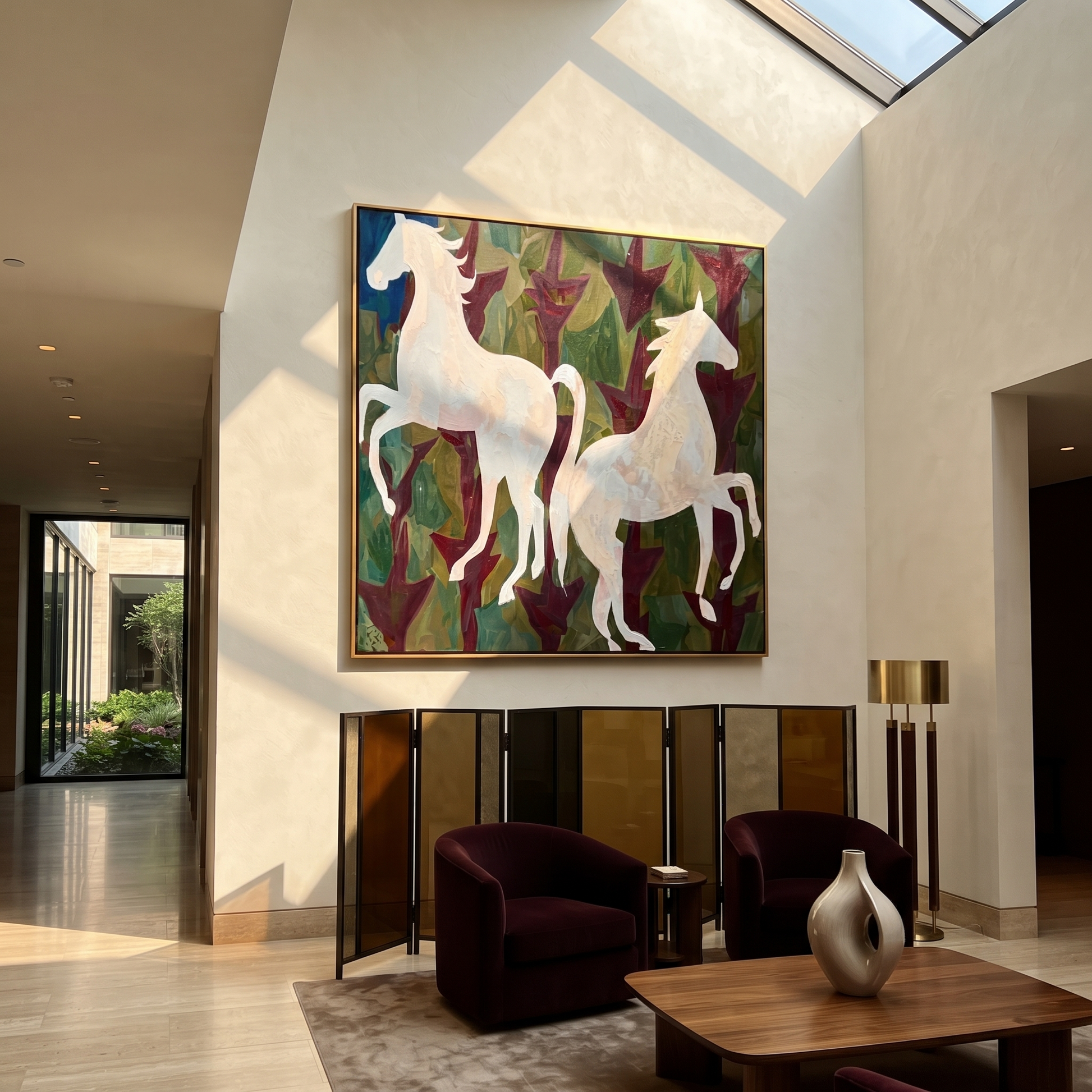 White Horses Rise Wild - two white horse painting by Isabelle Laurent, modern Western square wall art – styled room scene view 4
