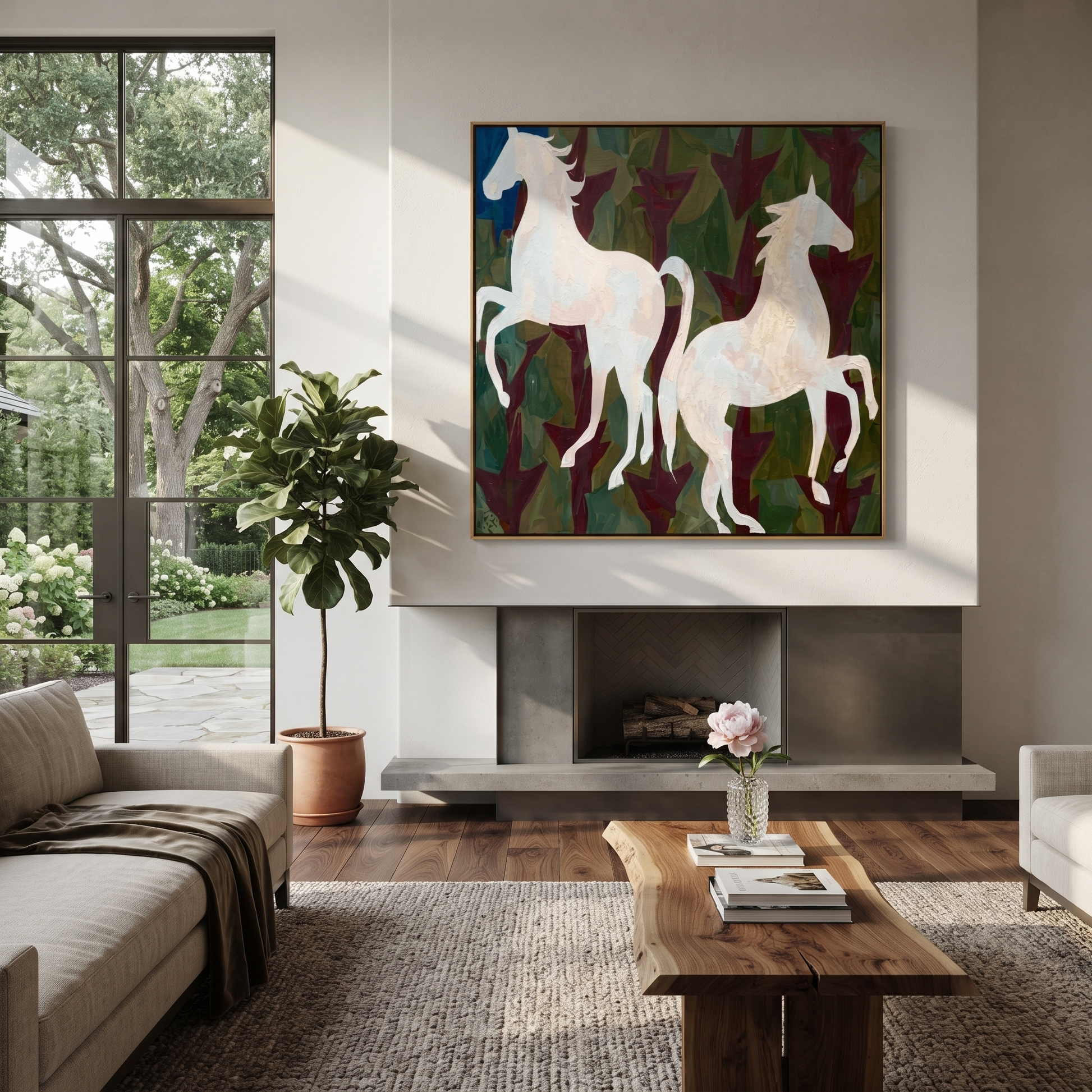 White Horses Rise Wild - two white horse painting by Isabelle Laurent, modern Western square wall art – styled room scene view 5