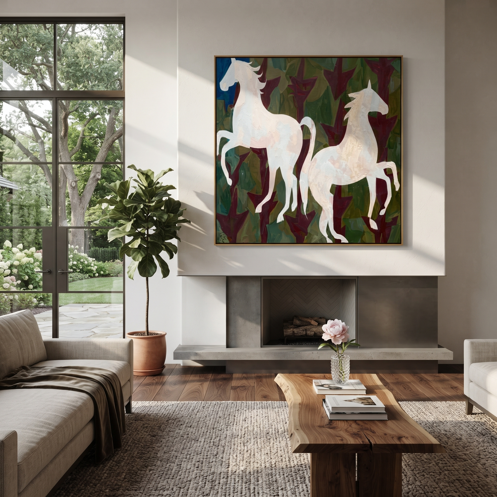 White Horses Rise Wild - two white horse painting by Isabelle Laurent, modern Western square wall art – styled room scene view 5