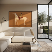 Pale Dapples Cross Ochre - spotted horse rider painting by Isabelle Laurent, modern Western horizontal wall art – styled room scene view 1