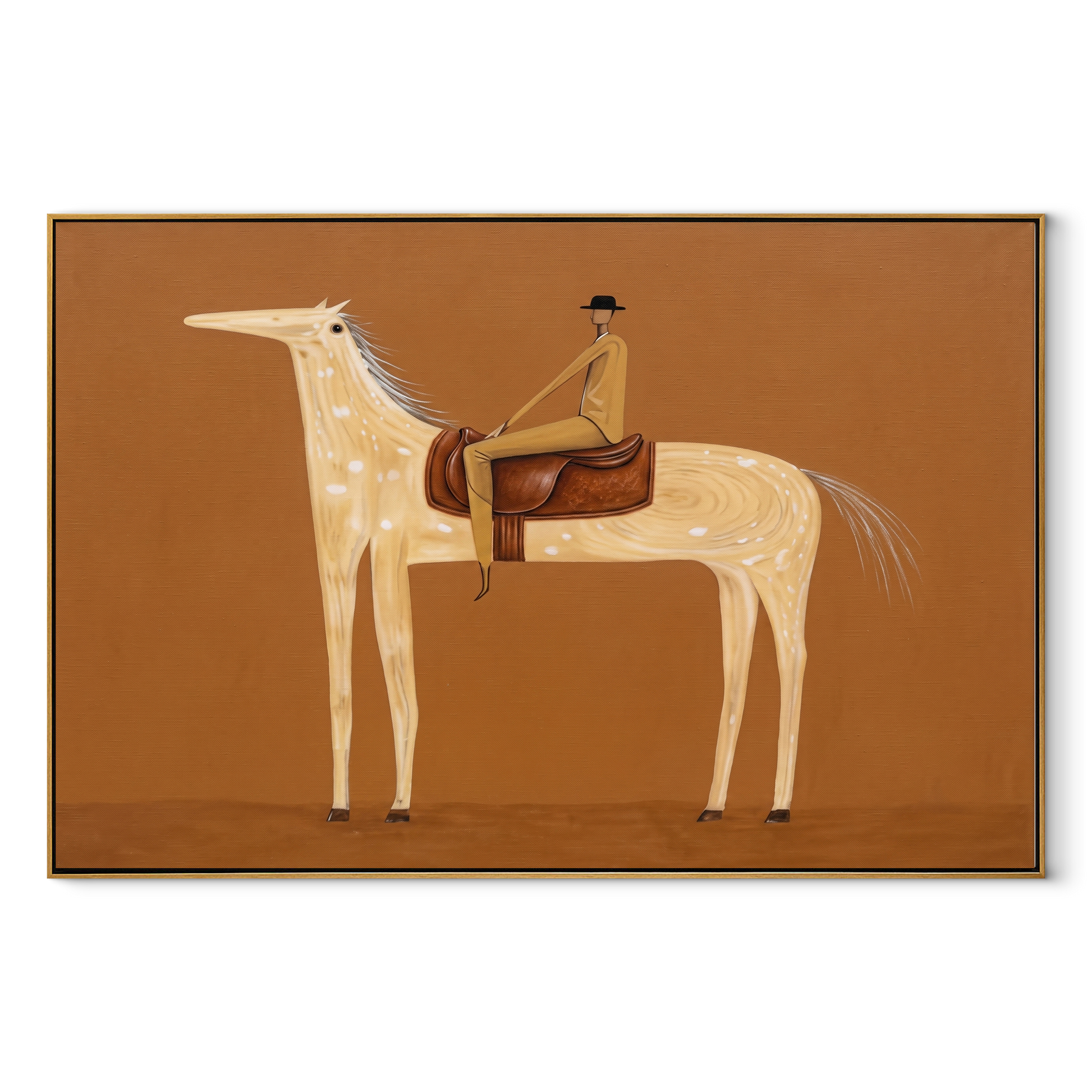Pale Dapples Cross Ochre - spotted horse rider painting by Isabelle Laurent, modern Western horizontal wall art – wood frame on white background