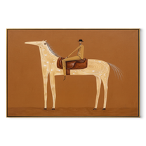 Pale Dapples Cross Ochre - spotted horse rider painting by Isabelle Laurent, modern Western horizontal wall art – wood frame on white background